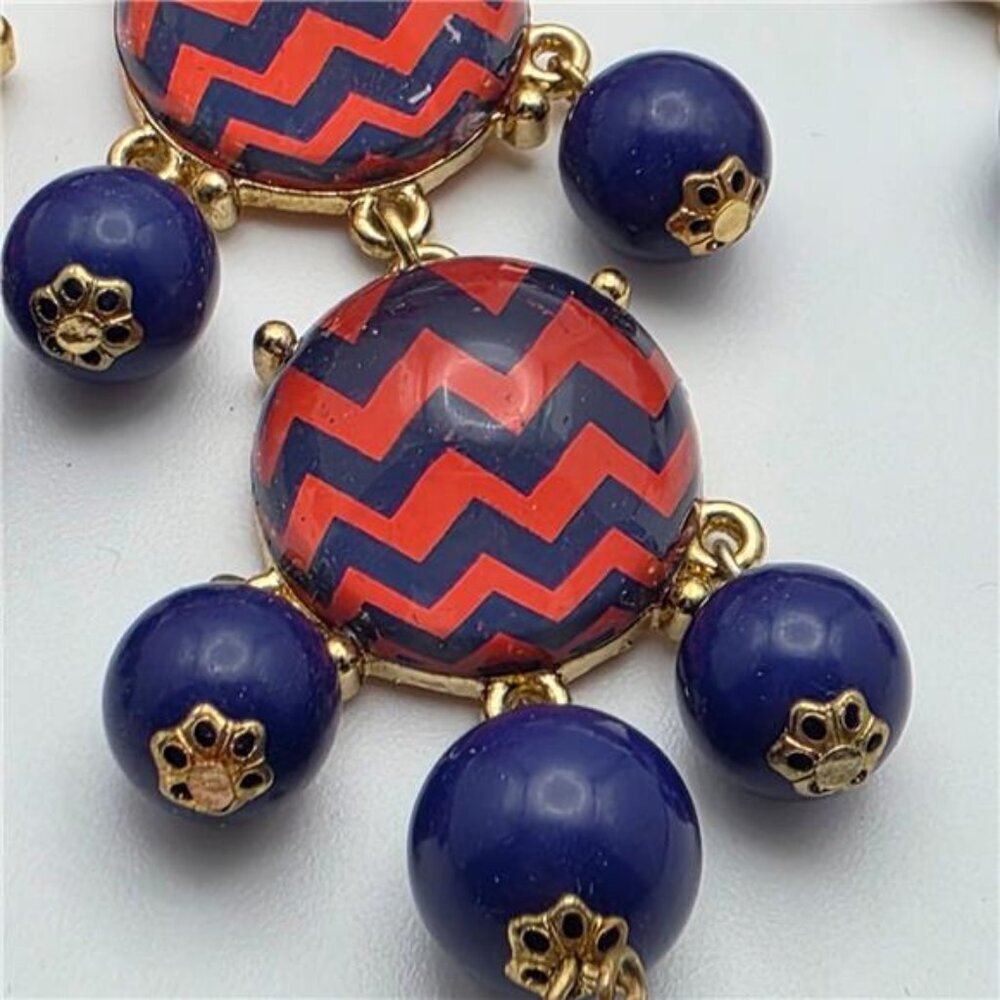 Gold Tone Rolo Chain Necklace Blue Red Chevron Bead Waterfall Bib 26” w/ Earring - Picture 2 of 7